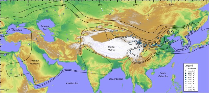 Diffusion du millet commun (Panicum miliaceum) à travers l'Eurasie entre 5500-500 avant J.-C. (Stevens & al. 2016 fig. 3)